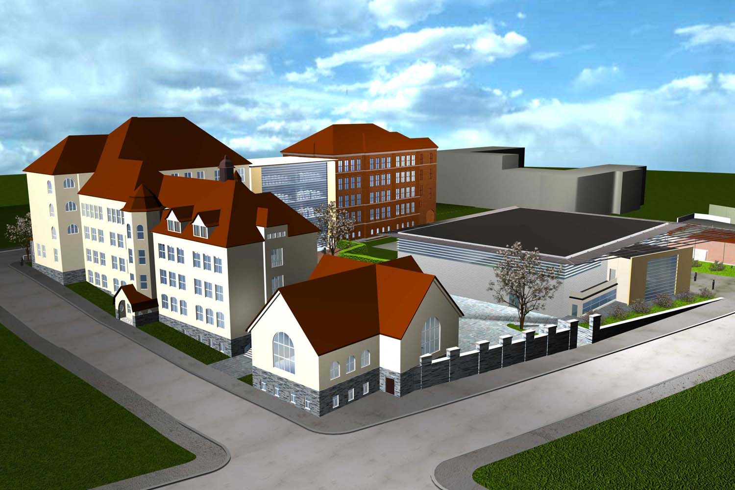 Bauk&ouml;rpermodell zur Schule mit 3-Feld-Sporthalle